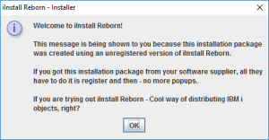iInstall Reborn Installer. Dialog shown on unregistered copy.